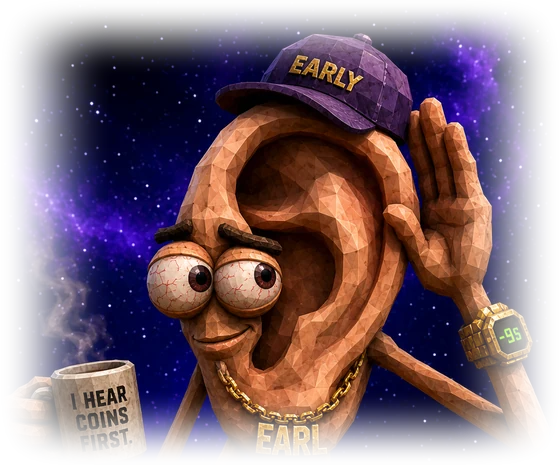 Earl, a giant ear with eyes, feet, a purple EARLY cap and a gold chain