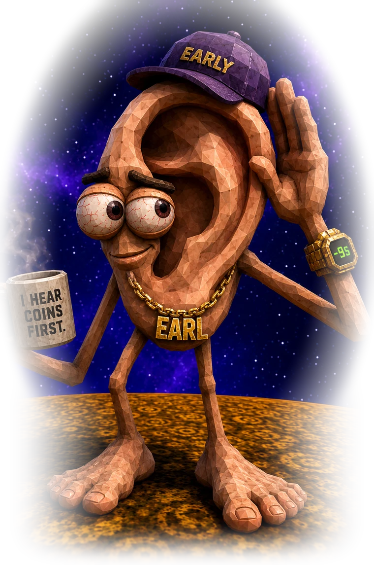 Earl, a giant ear with eyes, feet, a purple EARLY cap and a gold chain
