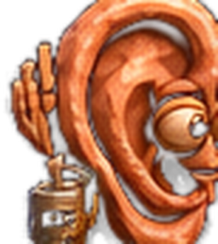Earl, a giant ear with eyes, feet, a purple EARLY cap and a gold chain